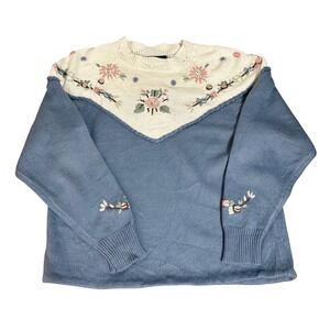 90s Women's Floral Knit Sweater Sz-S Blue Cottage Coquette Forest Fairy Boho